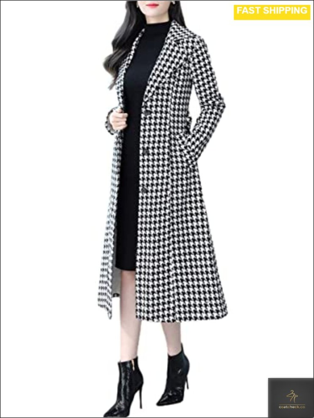 Houndstooth Trench Coat Winter Single Breasted Quilt-Lined Long Coat
